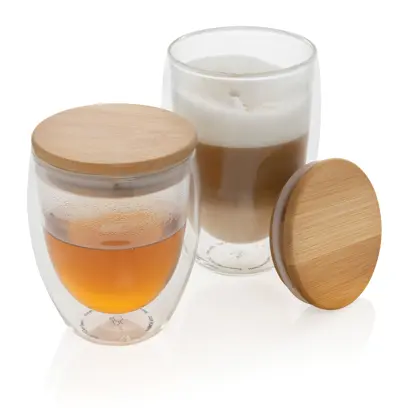 Set 2 bicchieri in vetro borosilicato con tappo in bambù, ideali per bevande calde e fredde gadget bevande