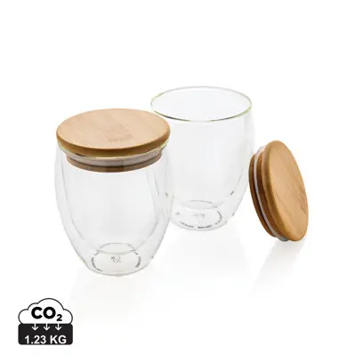 Alt text: Set 2 bicchieri in vetro borosilicato con tappo in bambù, impronta CO₂ gadget ufficio