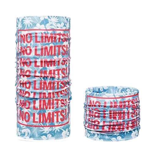 Due scaldacolli personalizzati in tessuto riciclato con stampa all-over “No Limits”, esempio di multisciarpa promozionale sostenibile.