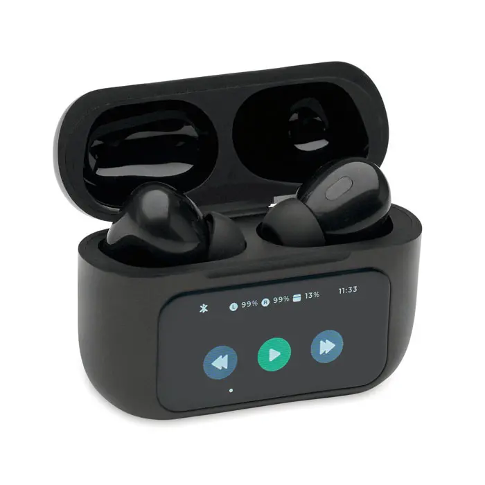 Auricolari TWS personalizzati alloggiati nella custodia touch screen nera aperta - All Gadget Network
