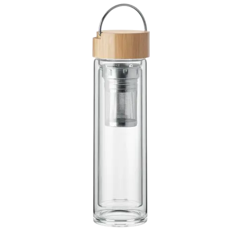 Borraccia in vetro borosilicato a doppia parete da 400 ml con infusore per tè e tappo in bamboo - All Gadget Network