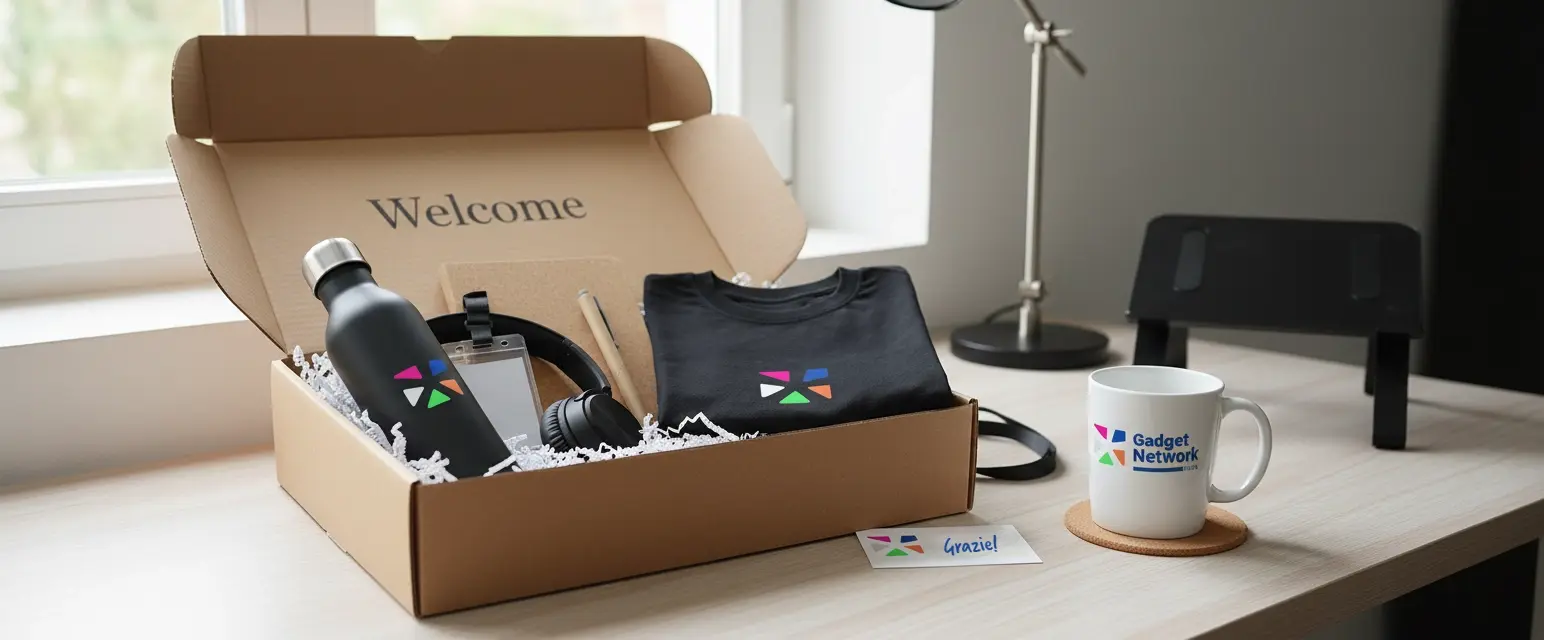 Welcome kit aziendale personalizzato con oggetti coordinati per onboarding e branding