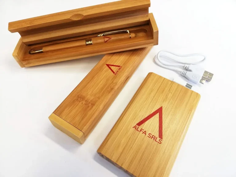 Penna e powerbank in bambù coordinati
