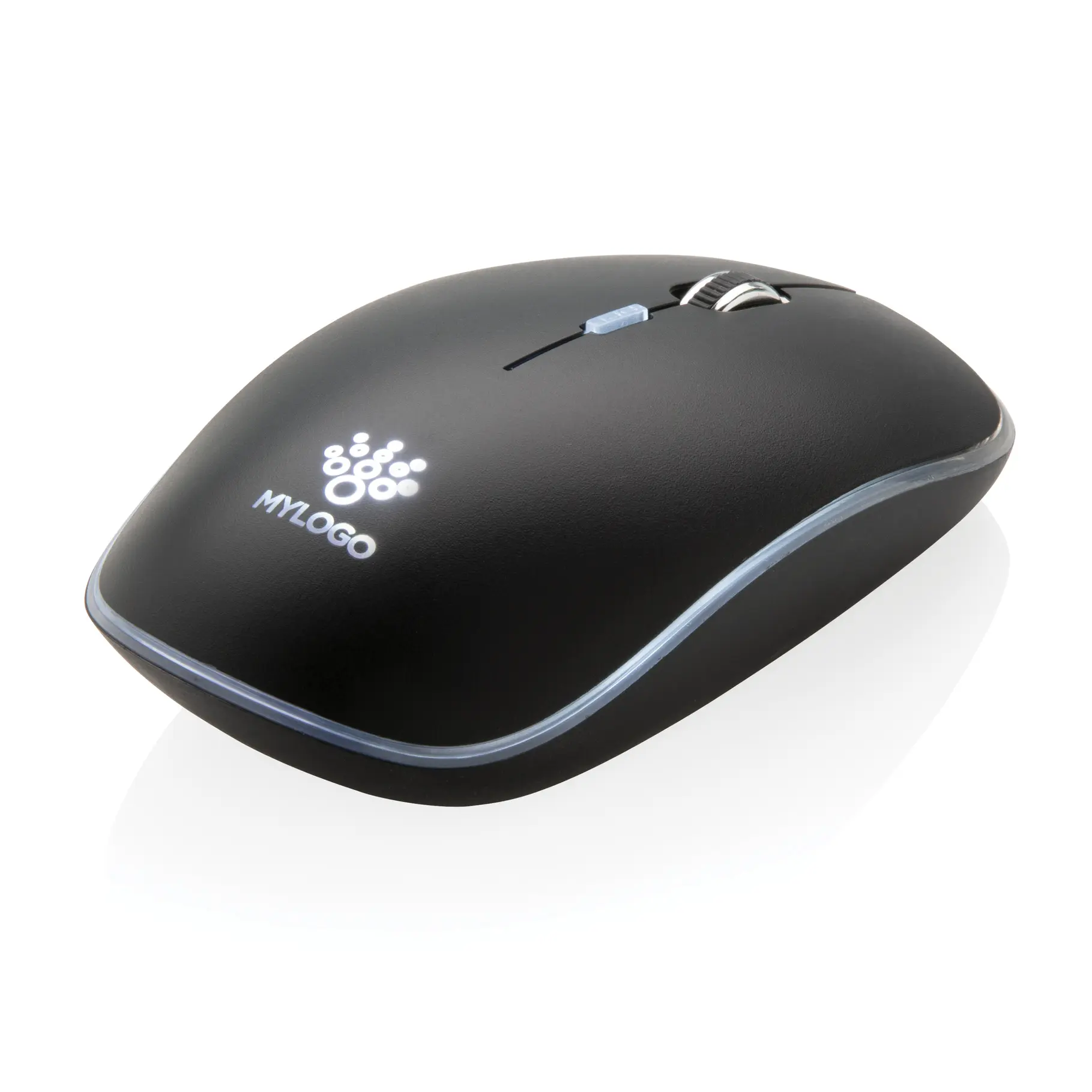 Mouse wireless nero con logo retroilluminato personalizzabile e design essenziale