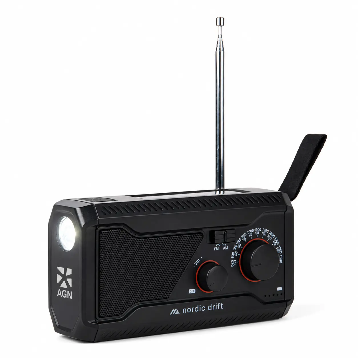 Radio multifunzione retr&ograve; personalizzata con logo AGN, antenna telescopica, torcia laterale e ricezione AM/FM