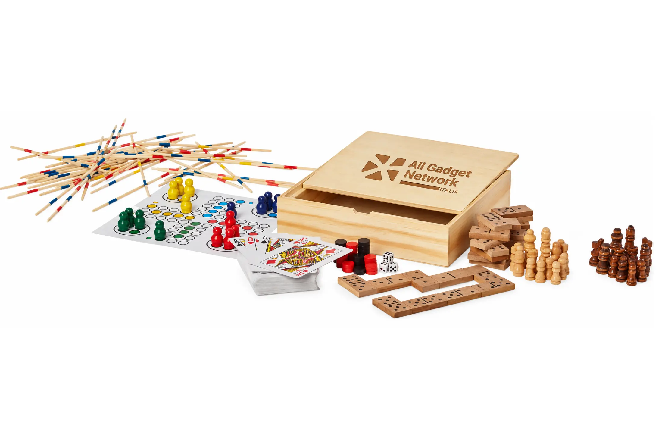 Set giochi da tavolo in legno personalizzato con scacchi, dama, domino e carte