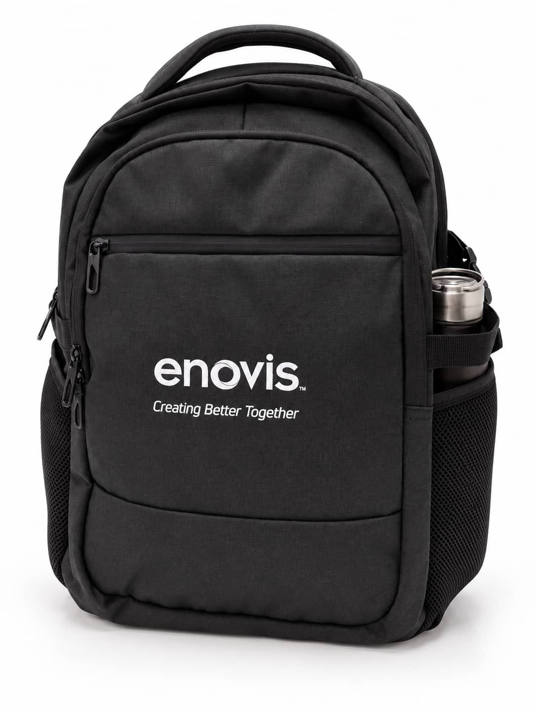 Zaino porta laptop nero personalizzato con logo aziendale e tasca laterale porta borraccia